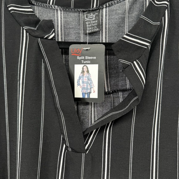 Black White Tunic Top Striped Split Sleeve V Neck Women L XL Career Office NWT - Picture 2 of 11